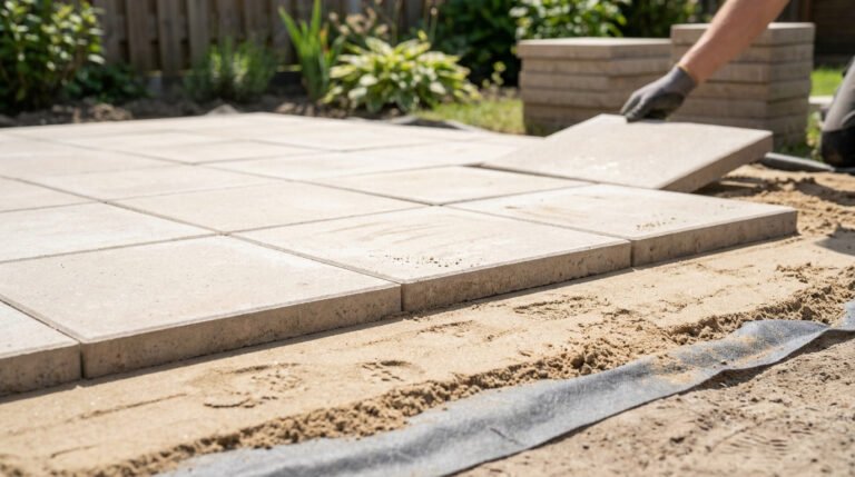 Une main gantée pose une dalle de béton sur un lit de sable pour la construction d'une terrasse de jardin.