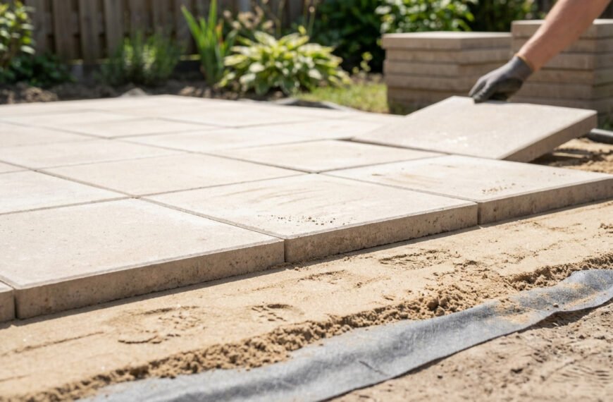 Une main gantée pose une dalle de béton sur un lit de sable pour la construction d'une terrasse de jardin.
