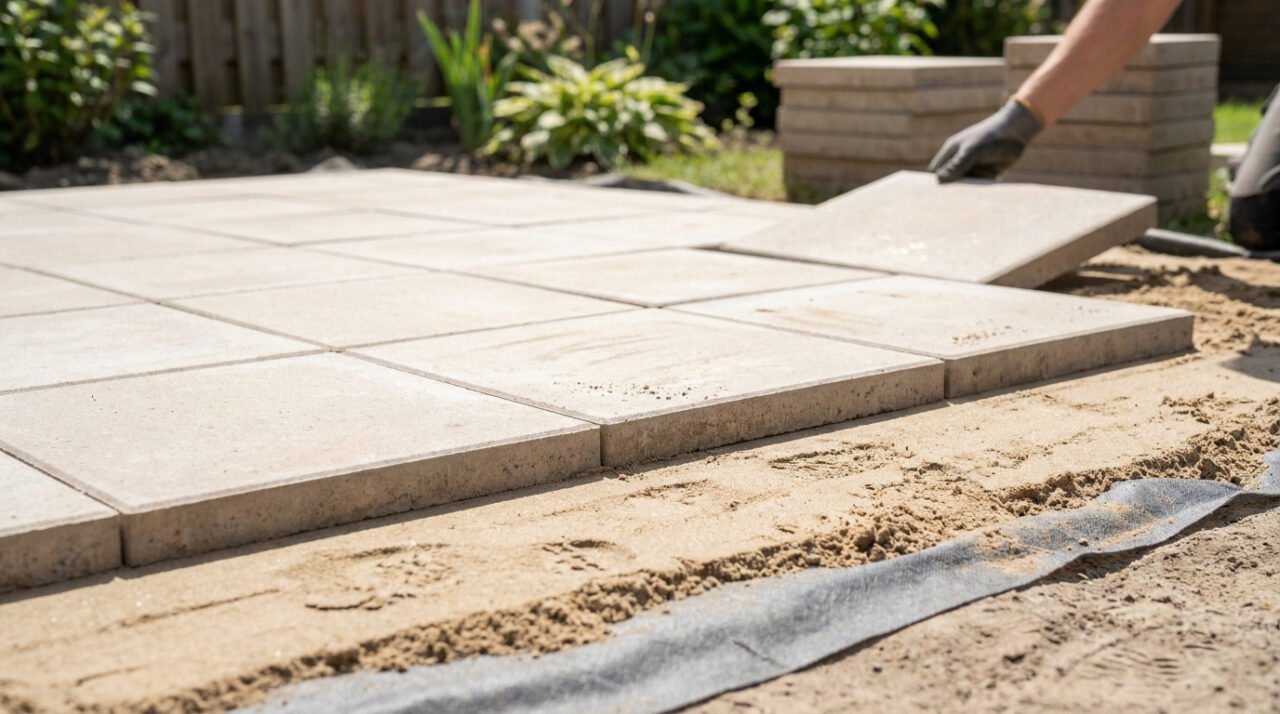 Une main gantée pose une dalle de béton sur un lit de sable pour la construction d'une terrasse de jardin.