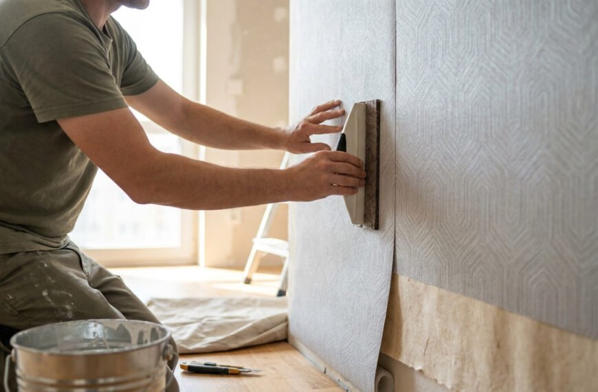 Un homme agenouillé utilise une spatule pour maroufler du papier peint sur un mur avec du papier de rénovation.