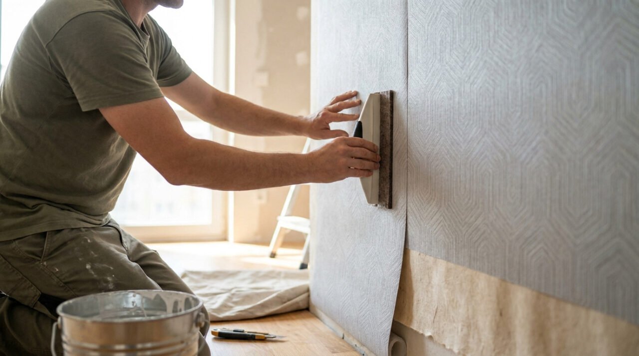 Un homme agenouillé utilise une spatule pour maroufler du papier peint sur un mur avec du papier de rénovation.