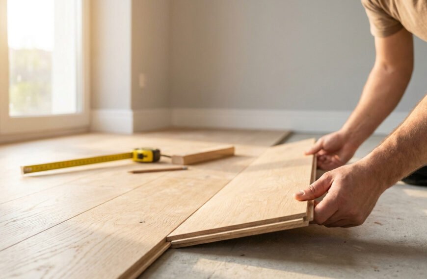 Un artisan installe des lames de parquet en chêne clair dans une pièce lumineuse avec un mètre ruban au sol.