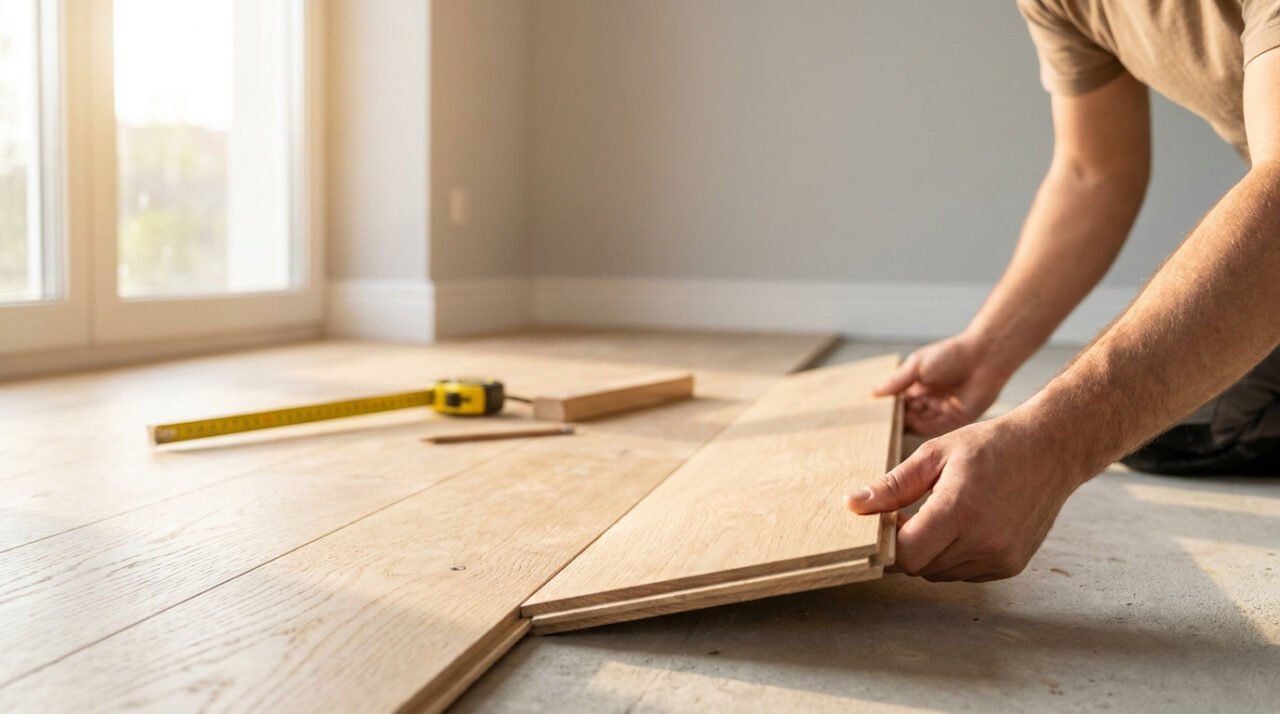 Un artisan installe des lames de parquet en chêne clair dans une pièce lumineuse avec un mètre ruban au sol.