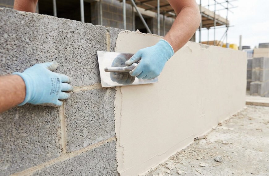 Mains gantées appliquant de l'enduit sur un mur en parpaings avec une taloche. Le mur est partiellement enduit.