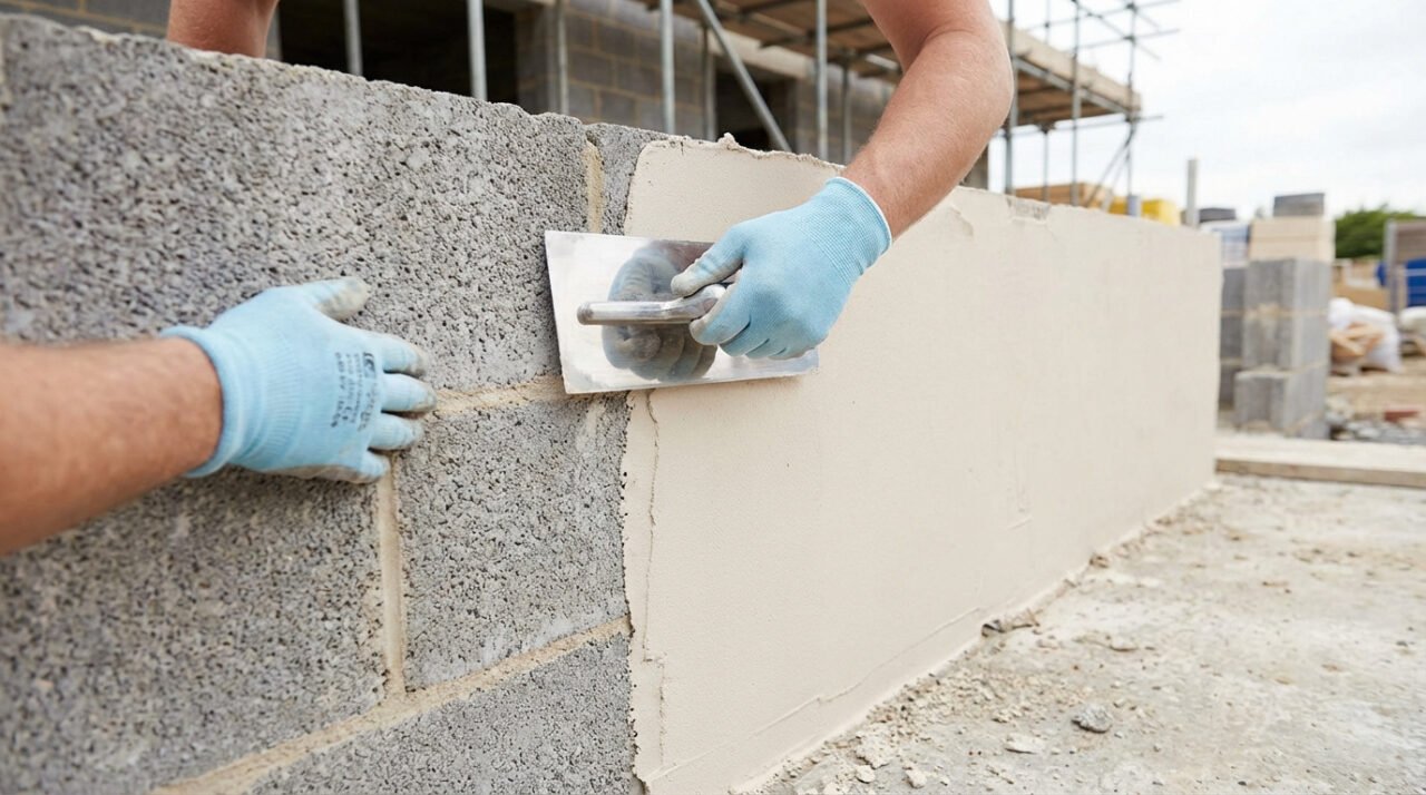 Mains gantées appliquant de l'enduit sur un mur en parpaings avec une taloche. Le mur est partiellement enduit.
