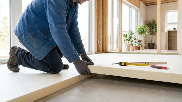 Ouvrier agenouillé posant des panneaux d'isolation rigides sur une dalle en béton lors de travaux de rénovation.