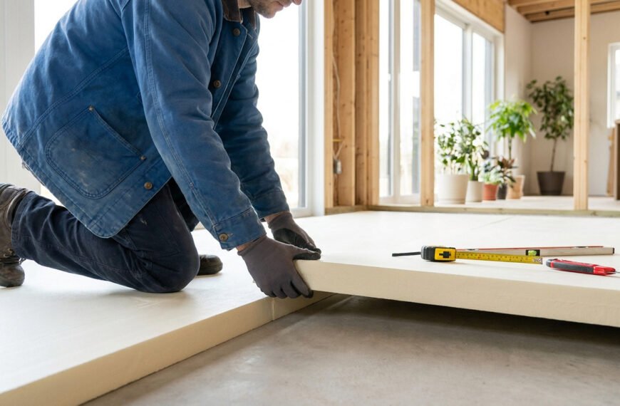 Ouvrier agenouillé posant des panneaux d'isolation rigides sur une dalle en béton lors de travaux de rénovation.