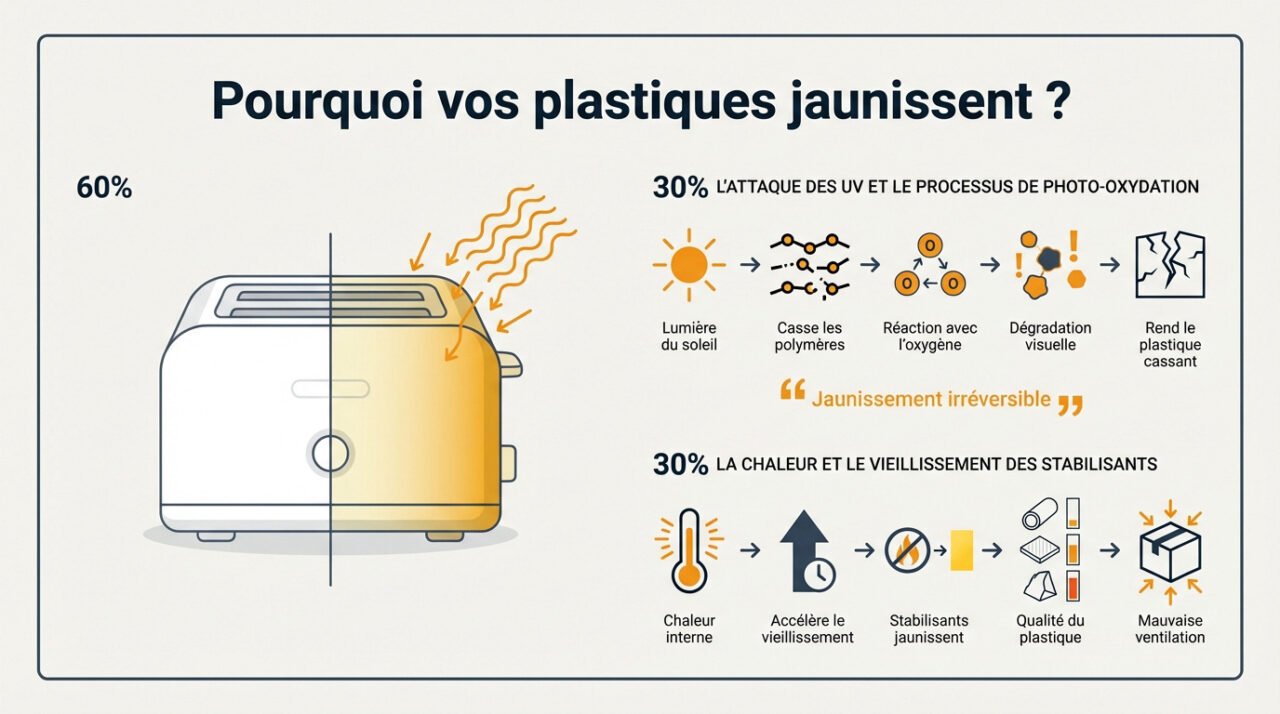 gros plan sur une surface en plastique blanc devenue jaune à cause du temps et des UV