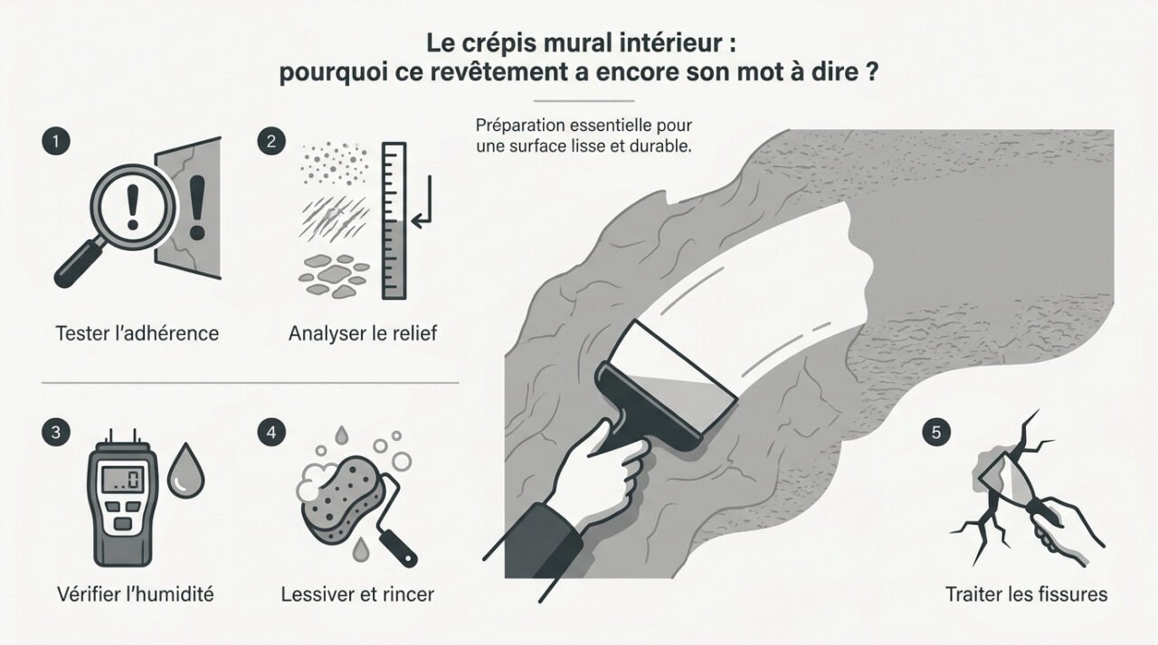 Préparation et vérification de l'adhérence d'un crépi mural intérieur avant rénovation