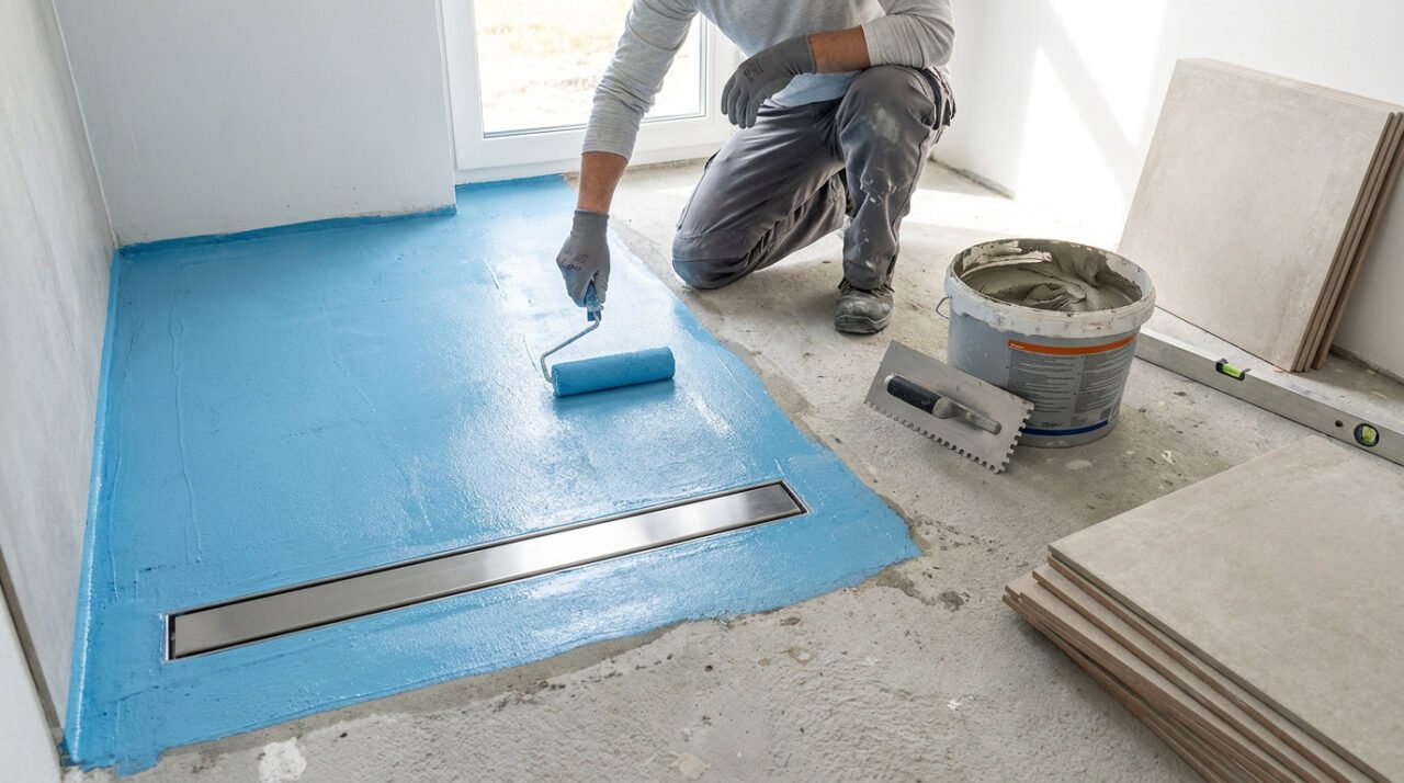 Un artisan applique une étanchéité liquide bleue au rouleau sur le sol d'une douche à l'italienne.