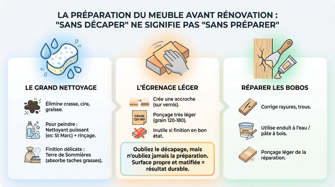 Préparation minutieuse d'un meuble en bois avant rénovation sans décapage complet