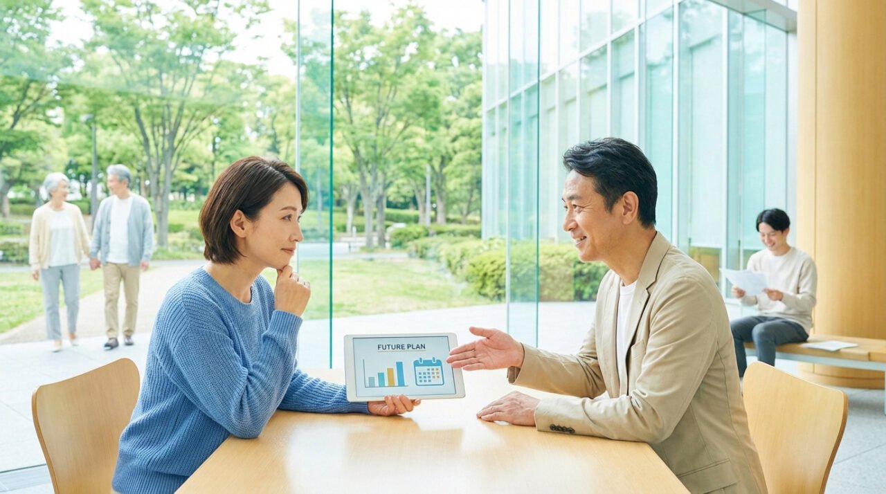 Deux personnes discutent d'un plan d'avenir sur une tablette, avec un couple senior marchant dans un parc en arrière-plan.