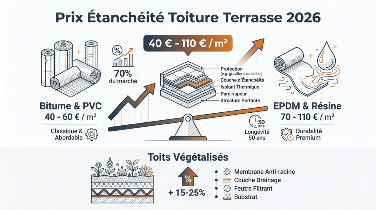 Estimation des tarifs d'étanchéité de toiture terrasse pour l'année 2026
