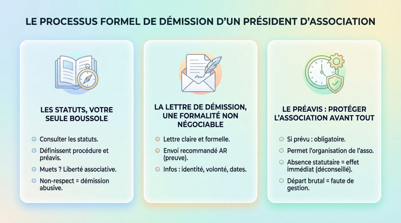 Schéma explicatif des étapes de démission d'un président d'association : lecture des statuts, rédaction de la lettre et respect du préavis