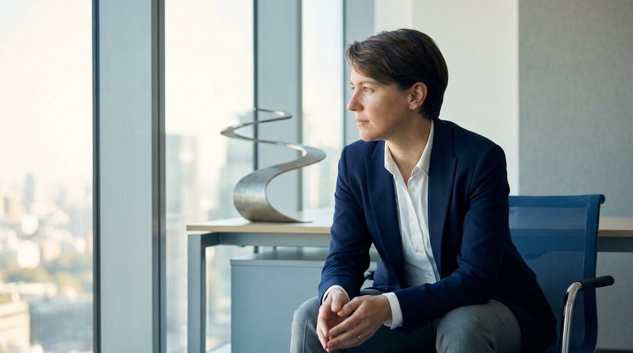 A professional in a navy blazer sits in a bright office, looking thoughtfully out a large window, with an abstract sculpture nearby.