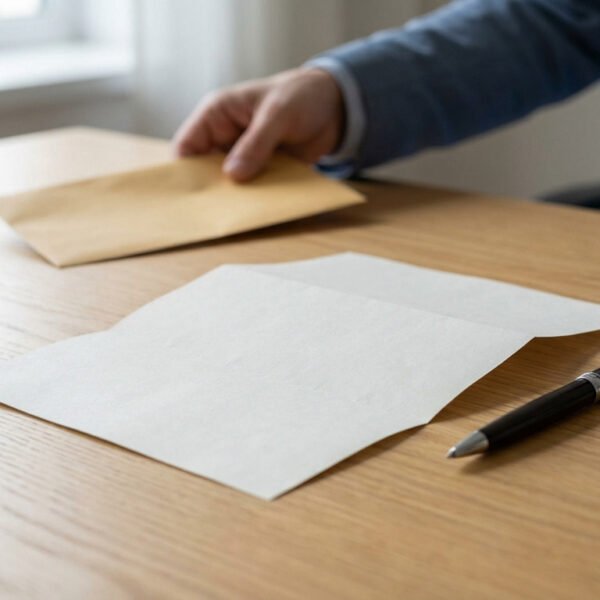 A neatly folded official document and pen on a wooden desk. A hand places an envelope in the background, signaling a formal process.
