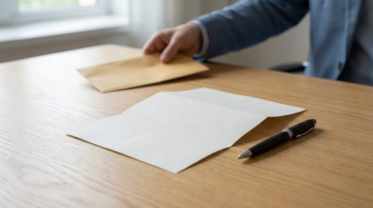 A neatly folded official document and pen on a wooden desk. A hand places an envelope in the background, signaling a formal process.