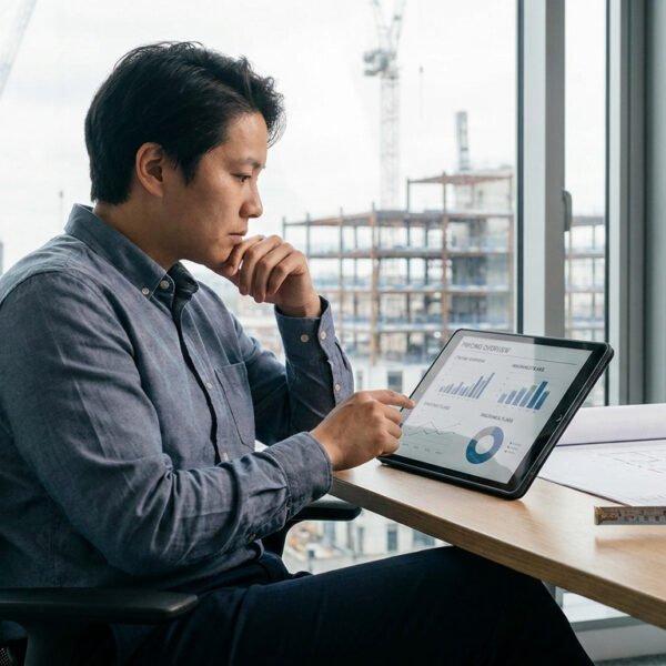 Un entrepreneur analysant des graphiques financiers sur une tablette devant un chantier de construction.