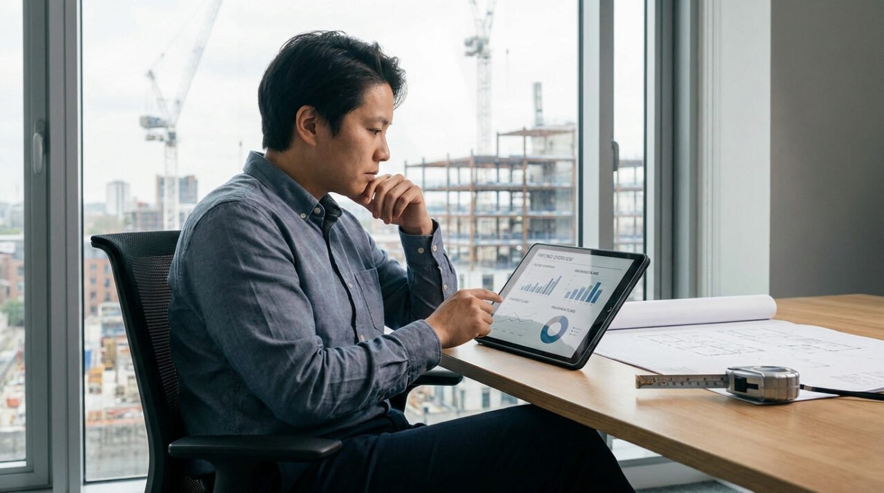 Un entrepreneur analysant des graphiques financiers sur une tablette devant un chantier de construction.