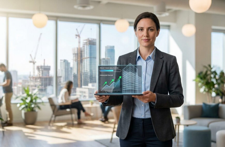 Une femme d'affaires tenant une tablette avec une interface holographique de gestion de projet BTP devant un chantier.