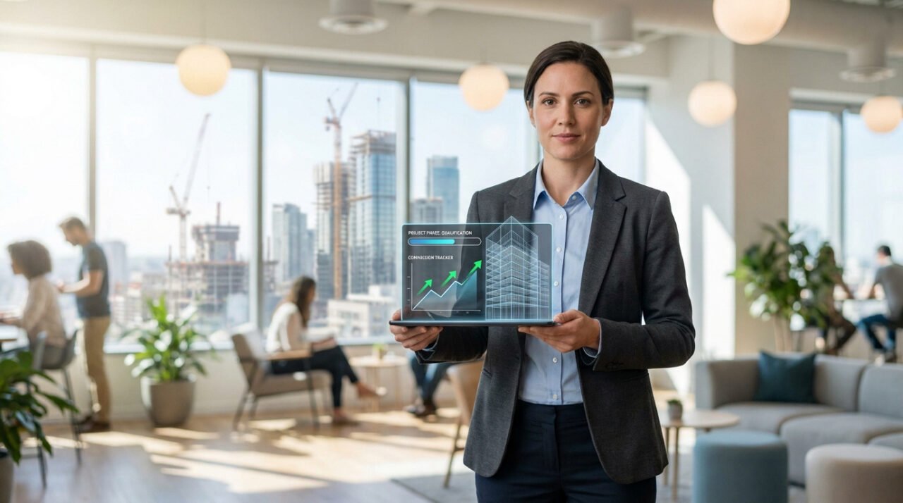 Une femme d'affaires tenant une tablette avec une interface holographique de gestion de projet BTP devant un chantier.