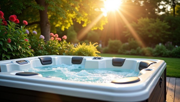 Un jacuzzi bouillonnant est installé sur une terrasse en bois entourée de plantes vertes et de fleurs épanouies, la lumière du soleil traversant les arbres.