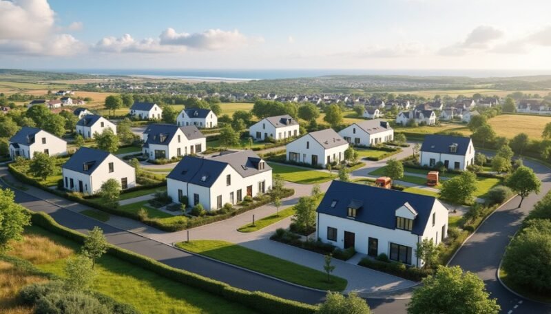 Vue aérienne d'un quartier moderne de banlieue avec des maisons blanches, des jardins bien entretenus, des routes courbes et des espaces verts, sous un ciel partiellement nuageux près de la côte.