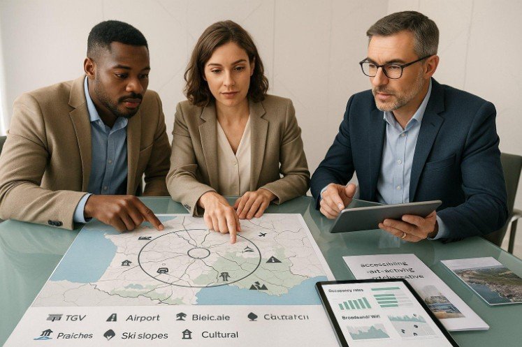 Trois professionnels examinent une carte régionale avec des icônes sur une table, discutant des lieux tout en se référant à des documents et à une tablette avec des graphiques.