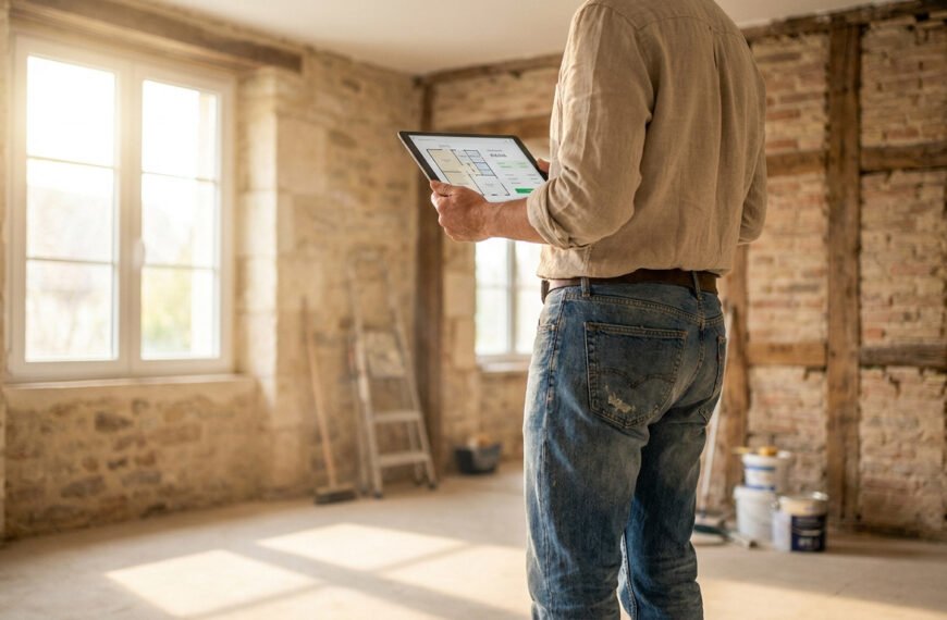 Un homme examine des plans de rénovation sur tablette dans une pièce aux murs bruts, baignée de lumière naturelle. Rénovation immobilière.
