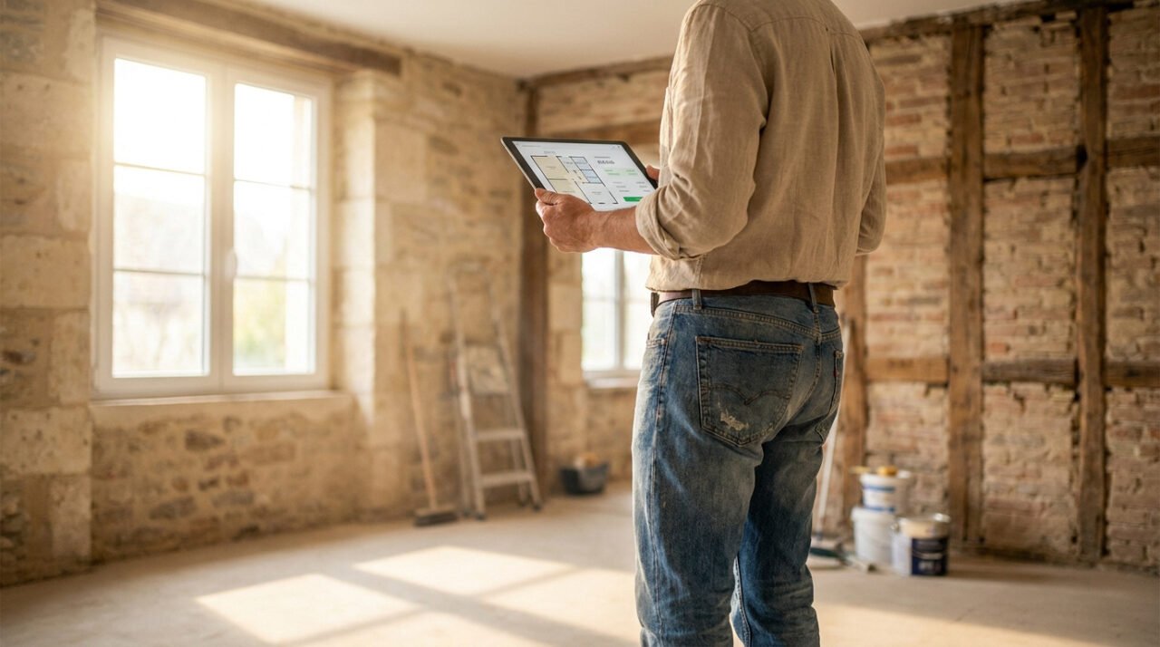 Un homme examine des plans de rénovation sur tablette dans une pièce aux murs bruts, baignée de lumière naturelle. Rénovation immobilière.