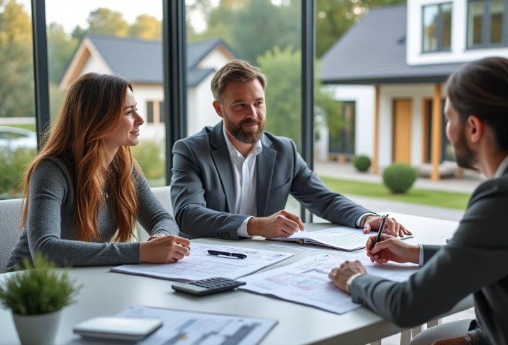 Trois personnes en tenue de travail sont assises à une table avec des documents et une calculatrice, discutant de paperasserie dans un bureau moderne avec de grandes fenêtres donnant sur des maisons.