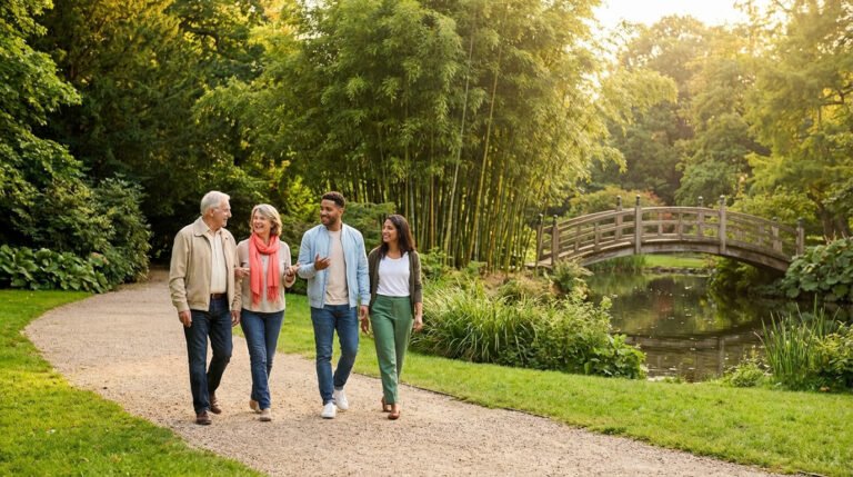 Quatre amis de générations différentes se promènent dans un parc ensoleillé avec des bambous et un pont en bois.