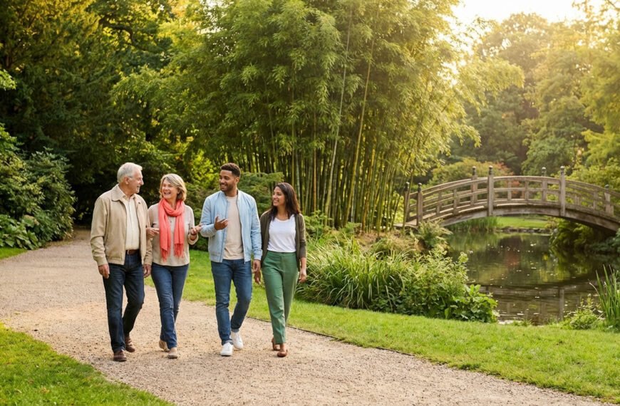 Quatre amis de générations différentes se promènent dans un parc ensoleillé avec des bambous et un pont en bois.
