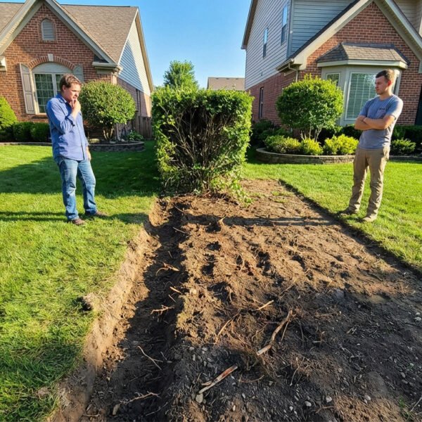 Two men stand at a property boundary where a hedge was removed, leaving bare earth. Houses in background, sunny day.
