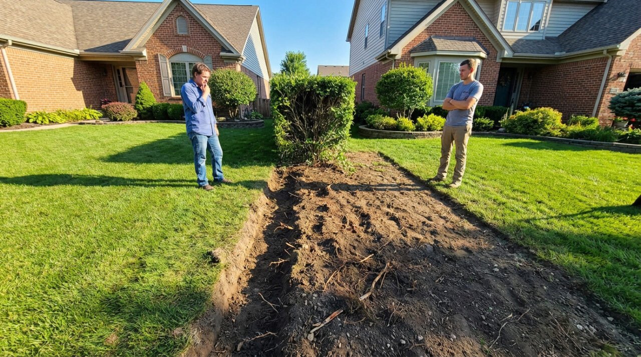 Two men stand at a property boundary where a hedge was removed, leaving bare earth. Houses in background, sunny day.