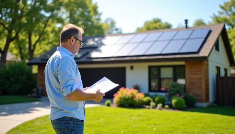 Un homme se tient à l'extérieur d'une maison dont le toit est équipé de panneaux solaires, tenant et lisant des documents dans un quartier résidentiel ensoleillé.