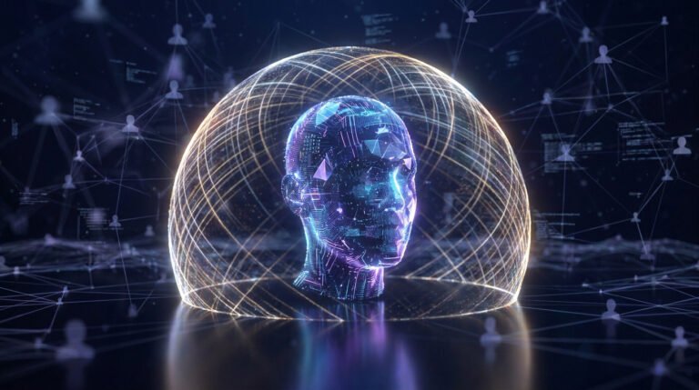 Une tête humaine numérique futuriste, faite de circuits lumineux, est protégée par un bouclier d'énergie sphérique dans un réseau de données.