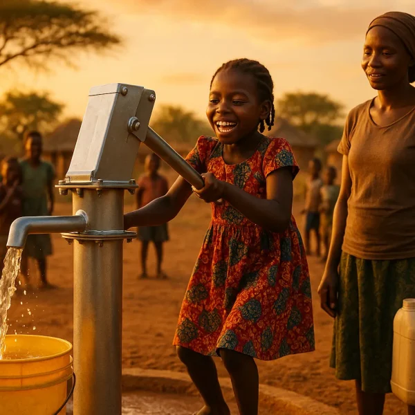 Une jeune fille pompe de l'eau dans un seau jaune à un puits, en souriant, tandis qu'une femme avec un récipient se tient à proximité dans un village rural au coucher du soleil.