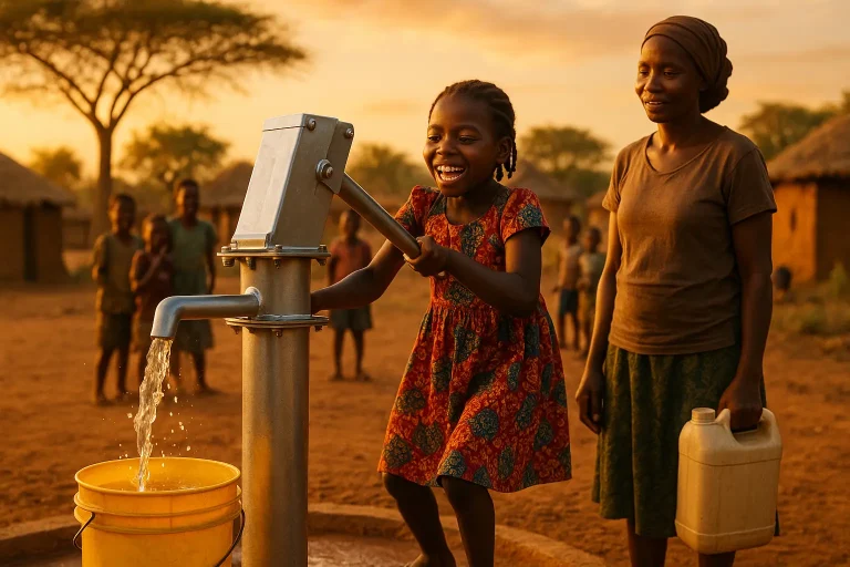 Une jeune fille pompe de l'eau dans un seau jaune à un puits, en souriant, tandis qu'une femme avec un récipient se tient à proximité dans un village rural au coucher du soleil.