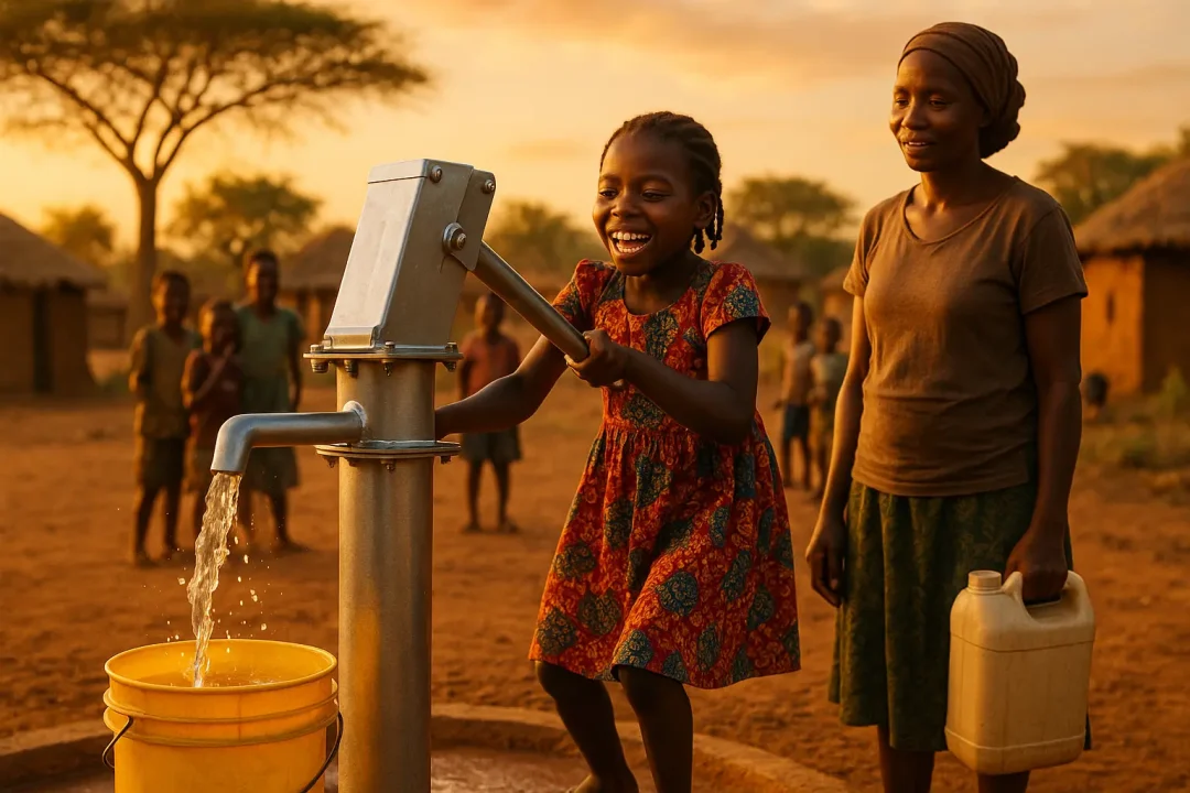 Une jeune fille pompe de l'eau dans un seau jaune à un puits, en souriant, tandis qu'une femme avec un récipient se tient à proximité dans un village rural au coucher du soleil.