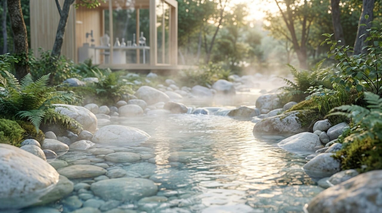 Crystal-clear thermal stream with mist over light rocks, lush green plants. Blurred modern lab building in tranquil forest background.