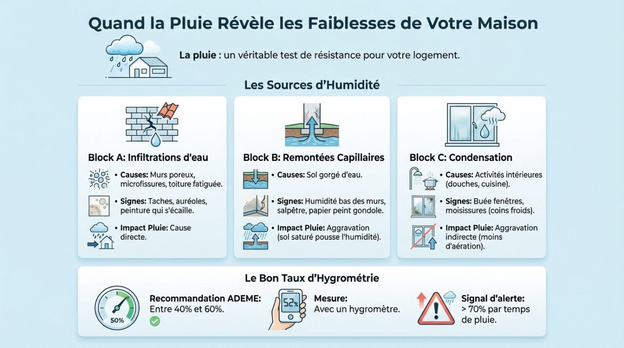 Maison sous la pluie révélant des problèmes d'humidité et d'infiltration