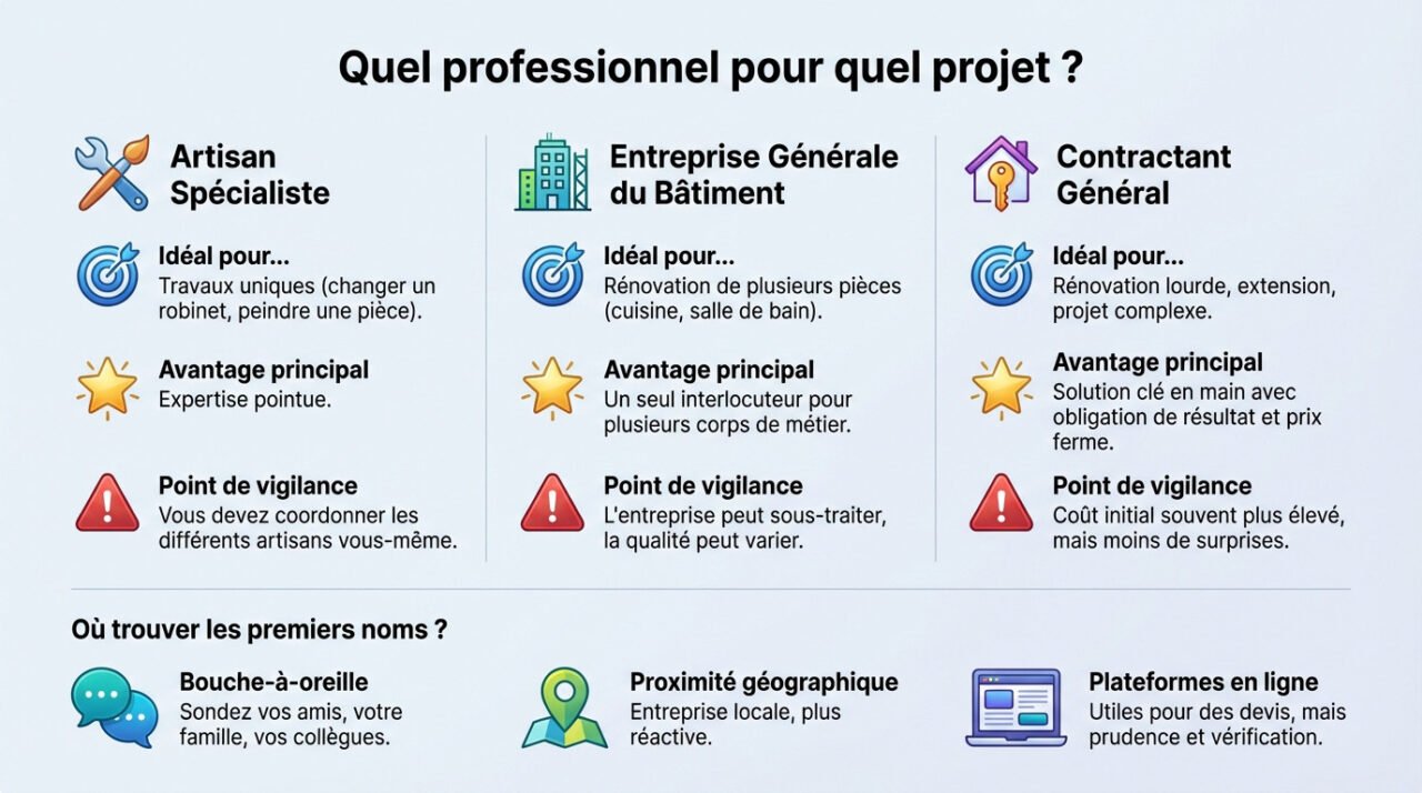 Tableau comparatif pour choisir le bon professionnel de la rénovation selon le projet