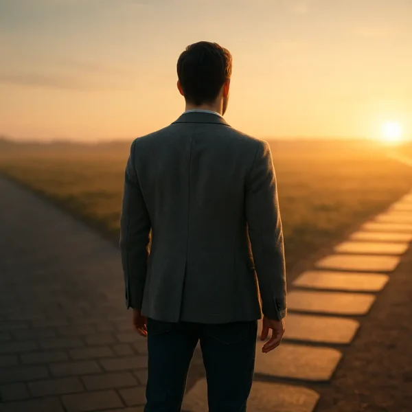 Un homme se tient à un embranchement, le regard tourné vers le soleil levant, avec deux allées divergentes devant lui dans un champ ouvert.