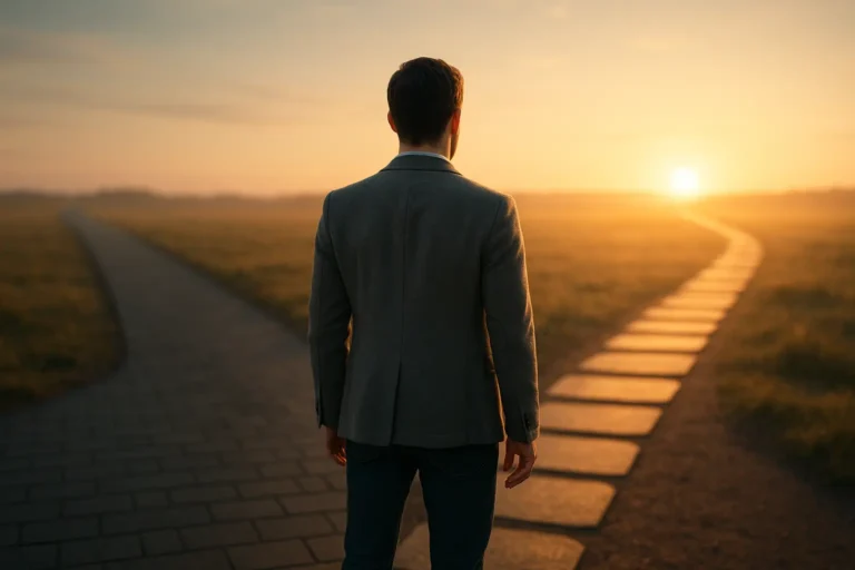 Un homme se tient à un embranchement, le regard tourné vers le soleil levant, avec deux allées divergentes devant lui dans un champ ouvert.