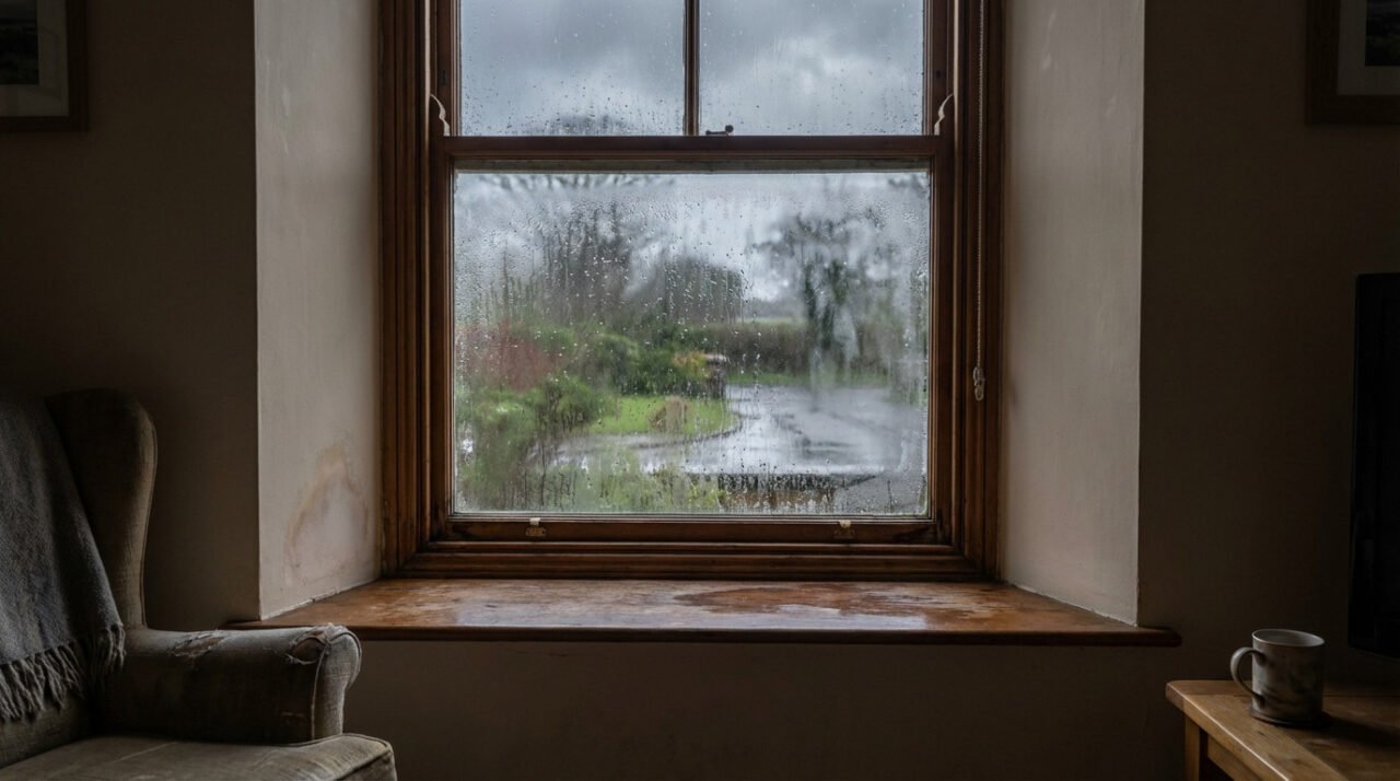 Une fenêtre tachetée de pluie offre une vue sur un jardin humide et un ciel couvert, avec à l'intérieur un appui en bois, un fauteuil et une tasse sur une table voisine.