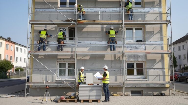 Des ouvriers du bâtiment, équipés de gilets de sécurité et de casques, travaillent sur des échafaudages pour poser des panneaux sur la façade d'un immeuble, tandis que deux autres ouvriers examinent les plans au sol.