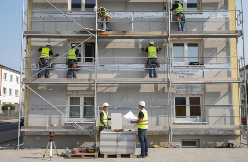 Des ouvriers du bâtiment, équipés de gilets de sécurité et de casques, travaillent sur des échafaudages pour poser des panneaux sur la façade d'un immeuble, tandis que deux autres ouvriers examinent les plans au sol.