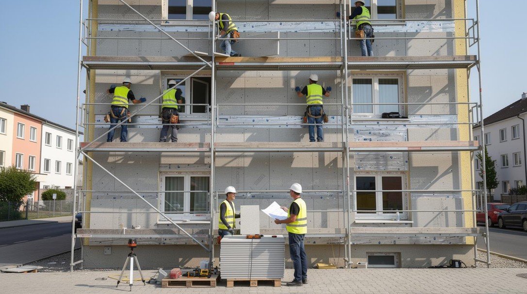 Des ouvriers du bâtiment, équipés de gilets de sécurité et de casques, travaillent sur des échafaudages pour poser des panneaux sur la façade d'un immeuble, tandis que deux autres ouvriers examinent les plans au sol.