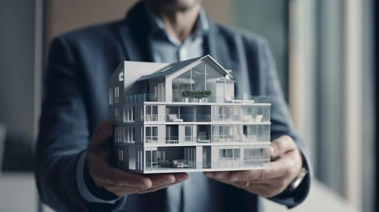 Personne tenant une maquette architecturale détaillée d'un immeuble moderne à plusieurs étages, doté de balcons et de grandes fenêtres.